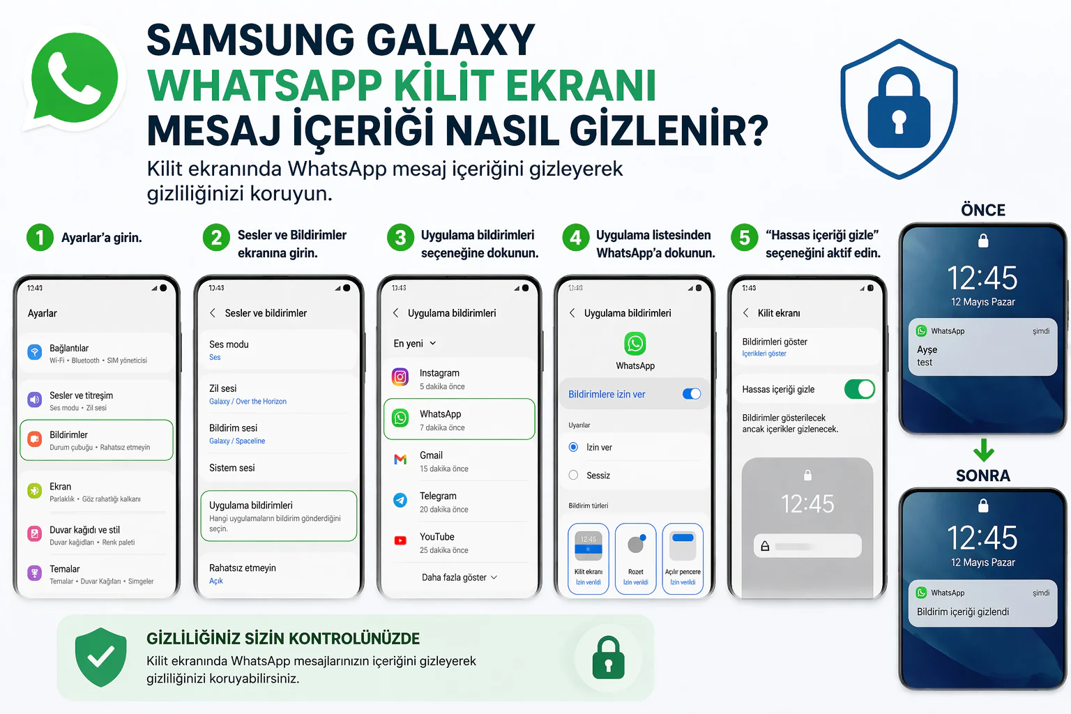 whatsapp kilit ekranı mesaj gizleme ayarlarını gösteren bildirim ve gizlilik ekranı