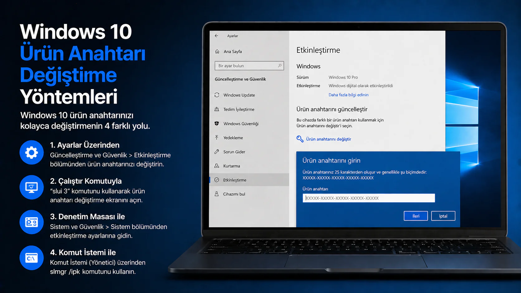 Windows 10 ürün anahtarı değiştirme ekranı ve etkinleştirme ayarları görüntüsü