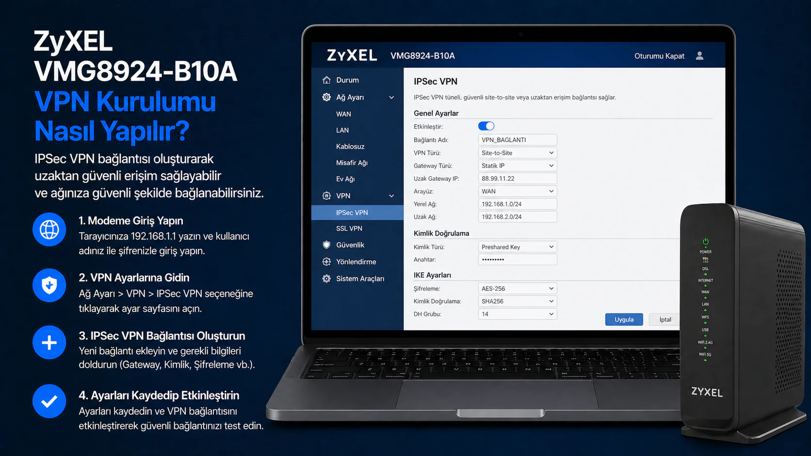 ZyXEL VMG8924-B10A VPN kurulumu için IPSec VPN ayar ekranı