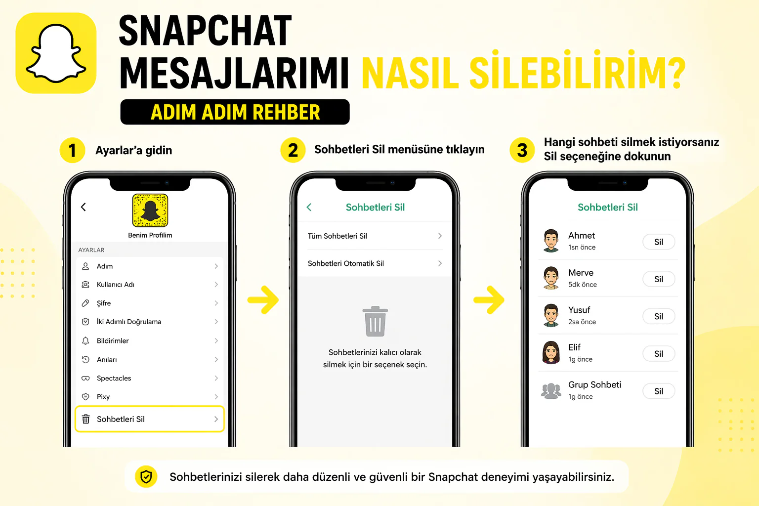 Snapchat Mesajlarımı Nasıl Silebilirim ekranında sohbetleri sil menüsü ve seçenekler
