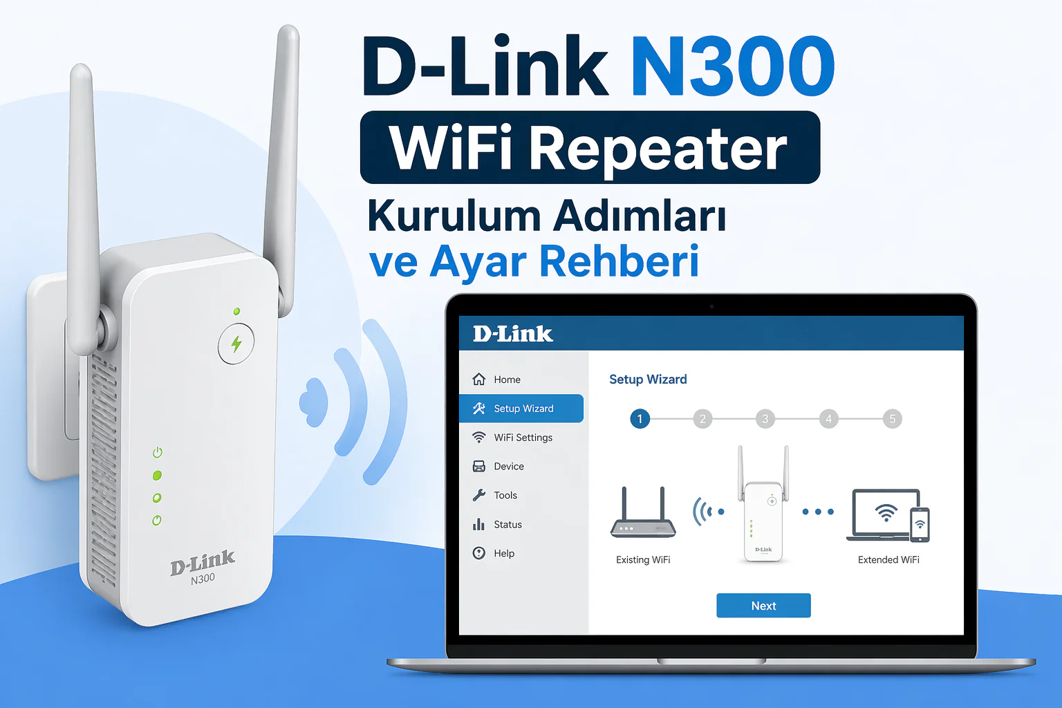 D-Link N300 kurulumu için arayüz ekranı ve kablosuz ağ ayarlarının gösterimi