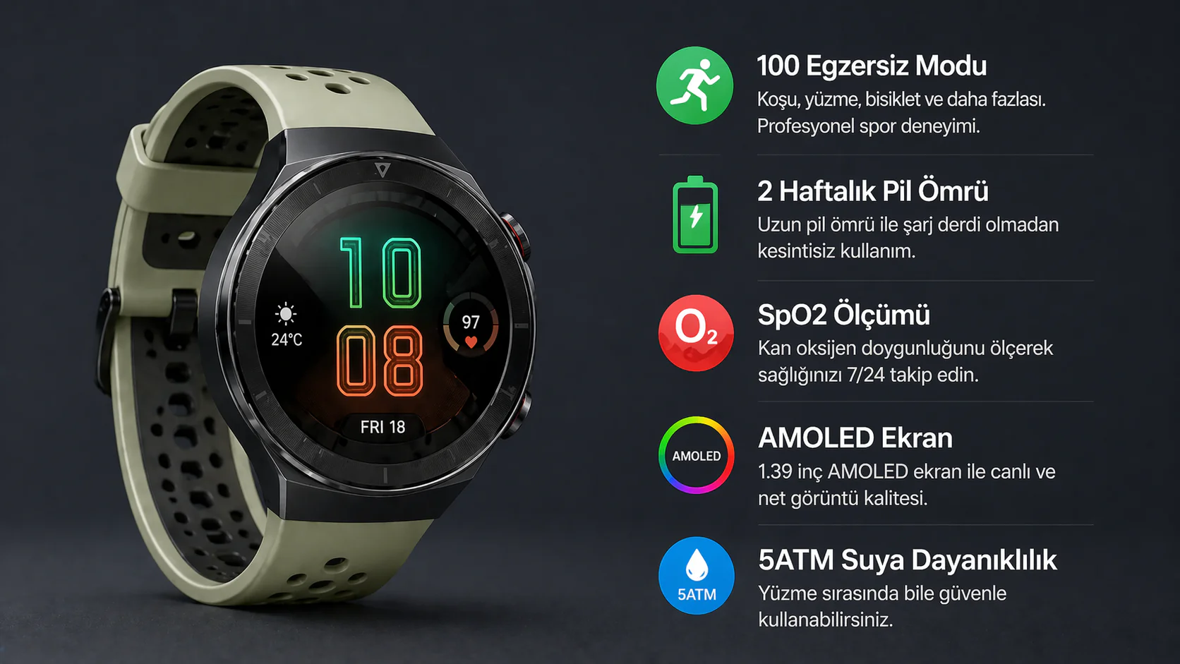 Huawei Watch GT 2e inceleme görselinde akıllı saat ve spor modları