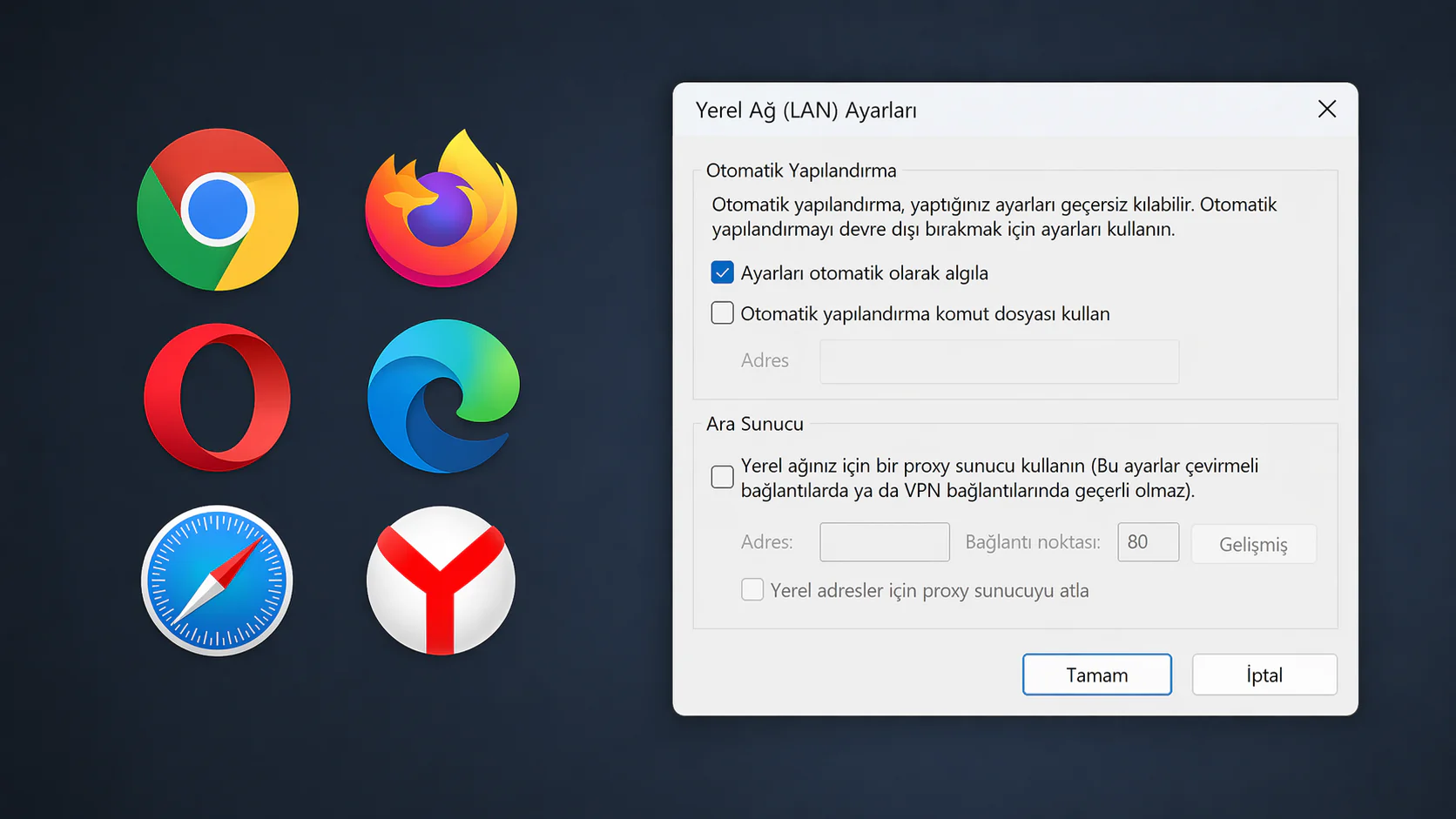 Proxy sorunu çözümü için tarayıcı LAN ayarları penceresindeki proxy seçeneklerinin ekran görüntüsü