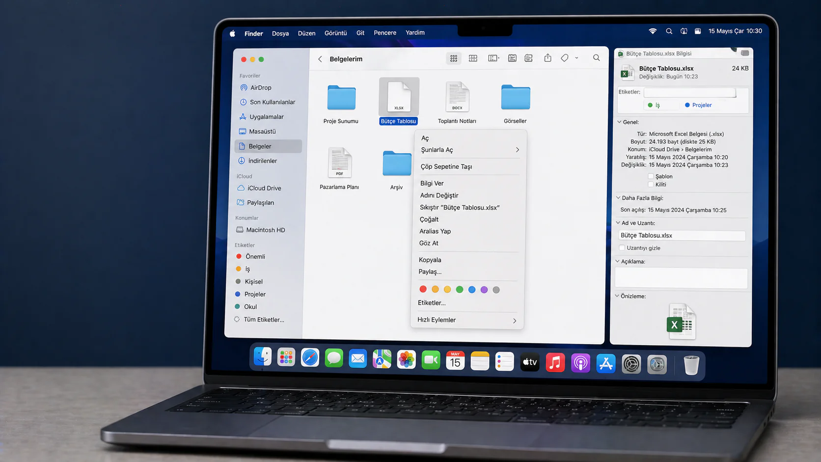 Mac’te dosyaları etiketleme için Finder ve etiket seçenekleri ekranı