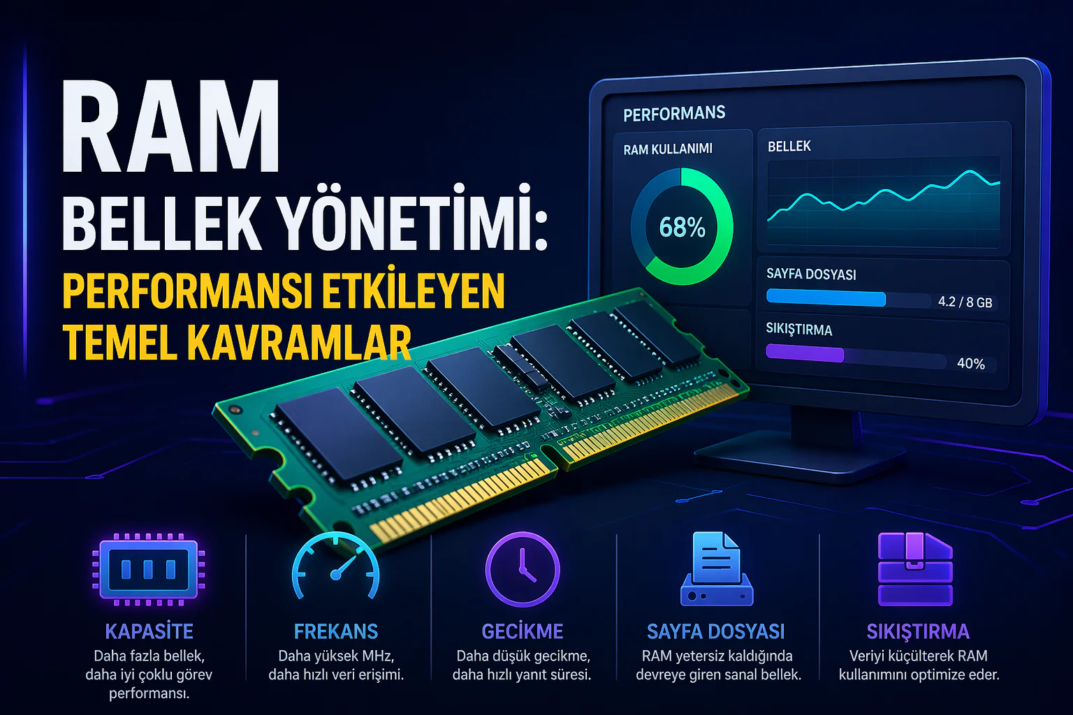 ram bellek yönetimi sürecini gösteren bilgisayar RAM modülleri ve performans izleme ekranı