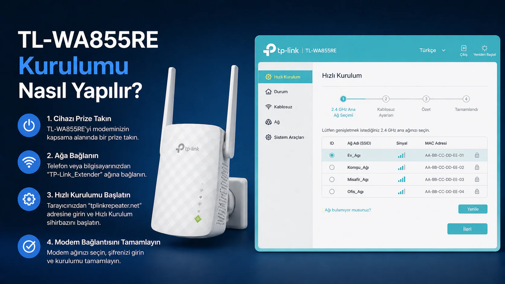 TL-WA855RE kurulumu için Wi-Fi genişletici arayüz ayar ekranı