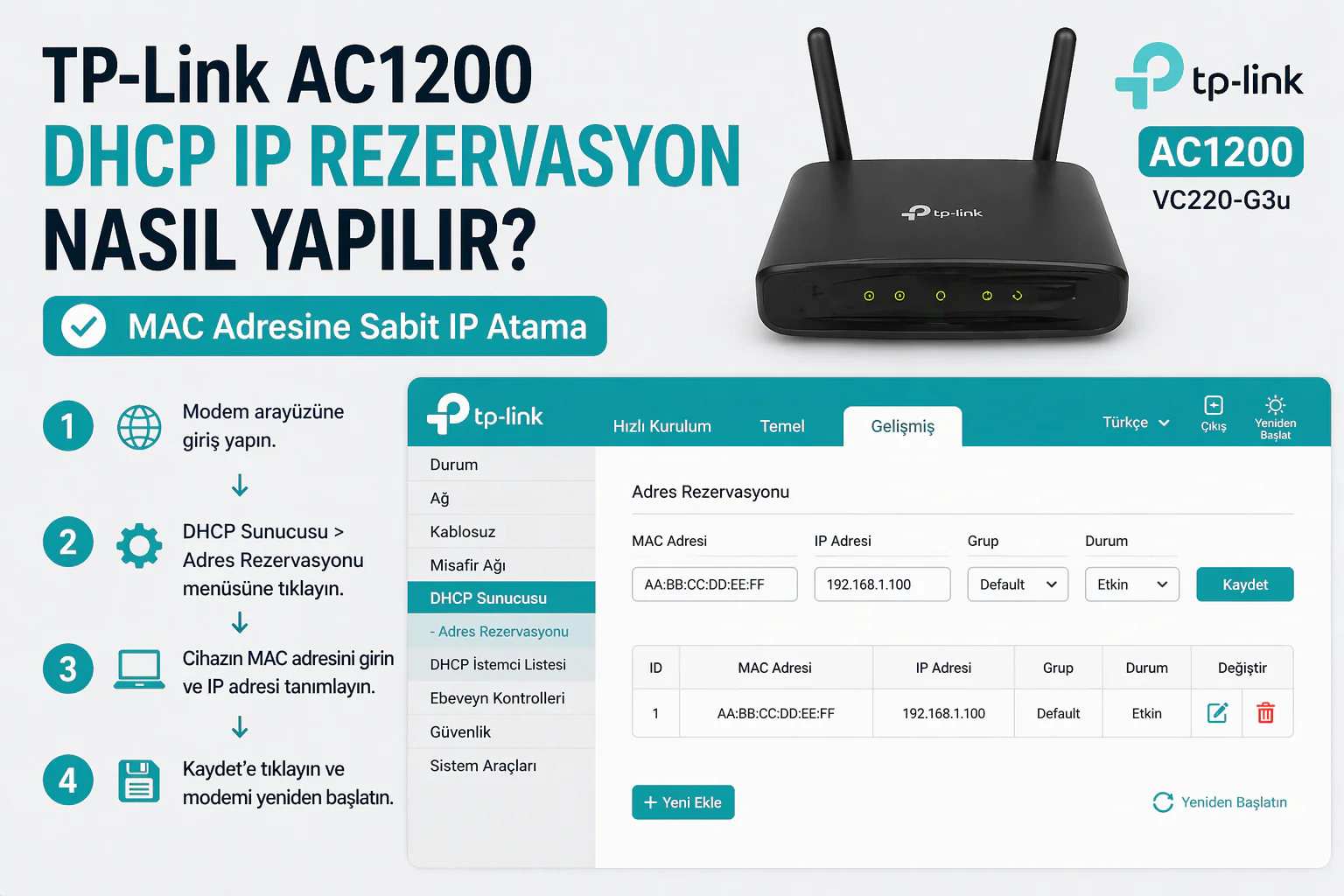 tp-link ac1200 dhcp ip rezervasyon ayarlarında mac adresi ve ip tanımlama ekranı