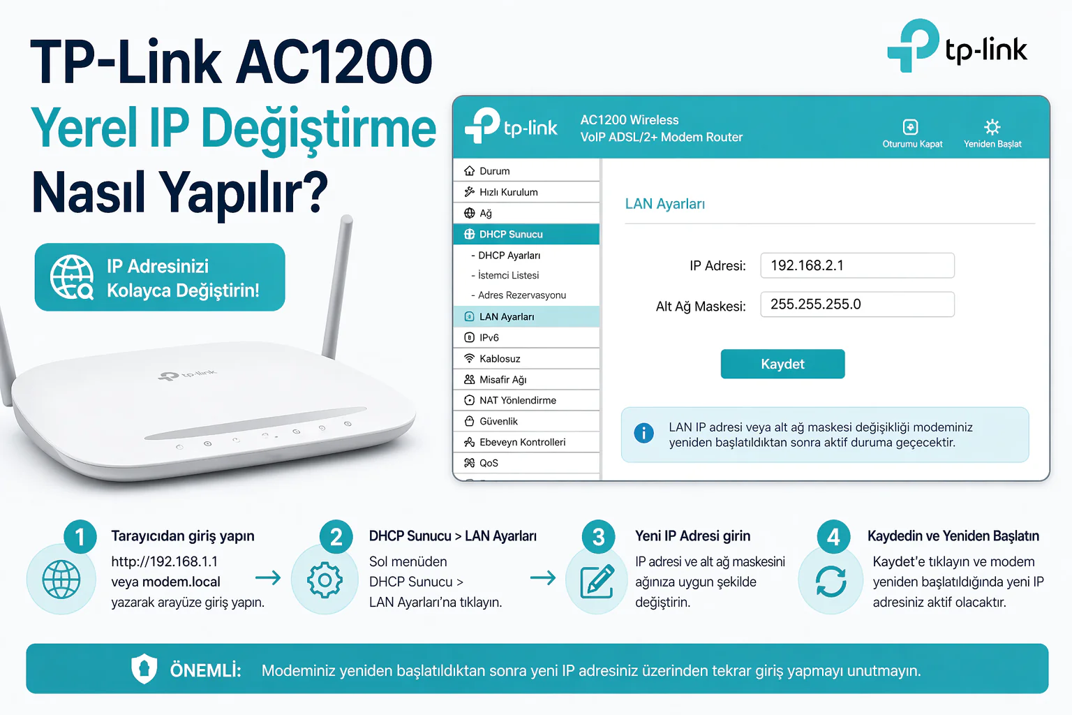 tp-link ac1200 yerel ip değiştirme için modem arayüzünde lan ayarları ekranı