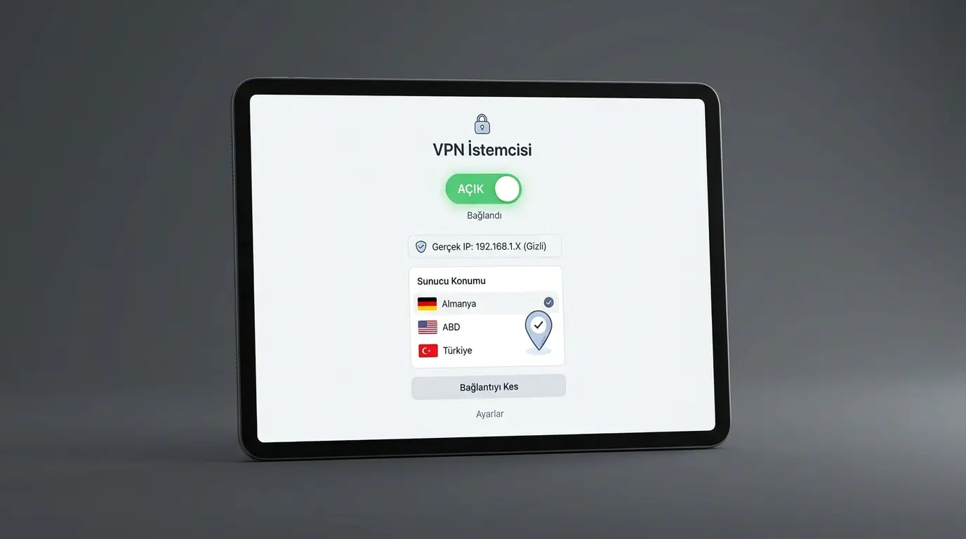 IP adresi gizleme işlemi için VPN istemcisi arayüzü ve sunucu seçim ekranının gösterildiği görüntü