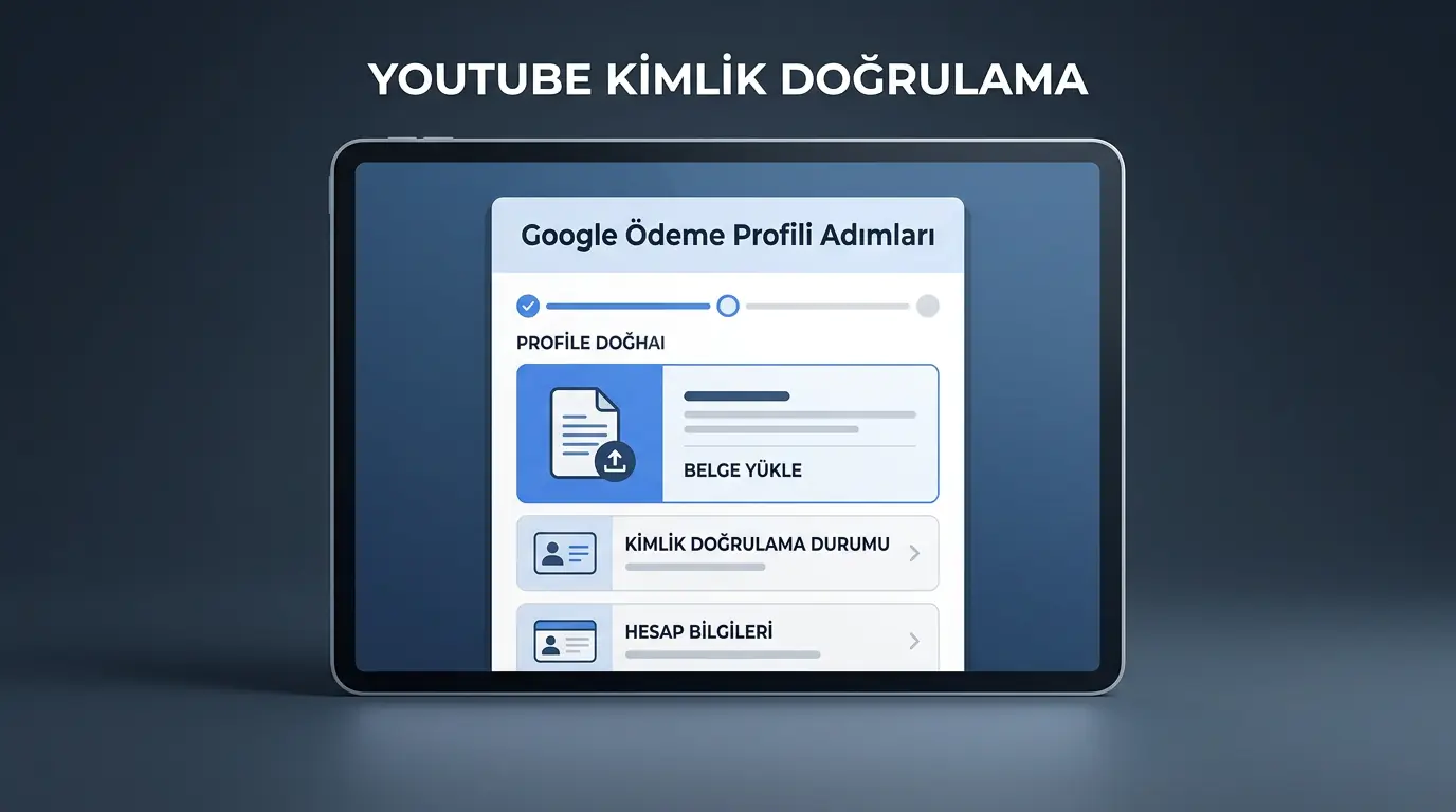 YouTube kimlik bilgilerini doğrulama ekranında belge yükleme ve Google ödeme profili doğrulama arayüzünün gösterildiği görüntü