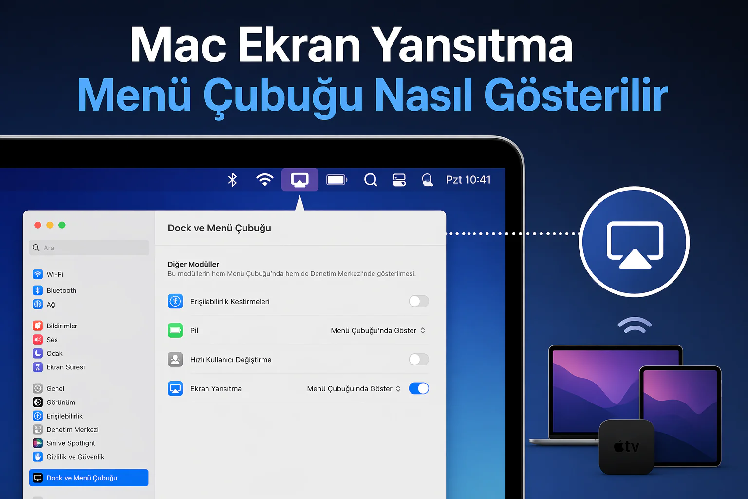 mac ekran yansıtma menü çubuğu ayarı açık, Mac ekranında AirPlay simgesi görünümü