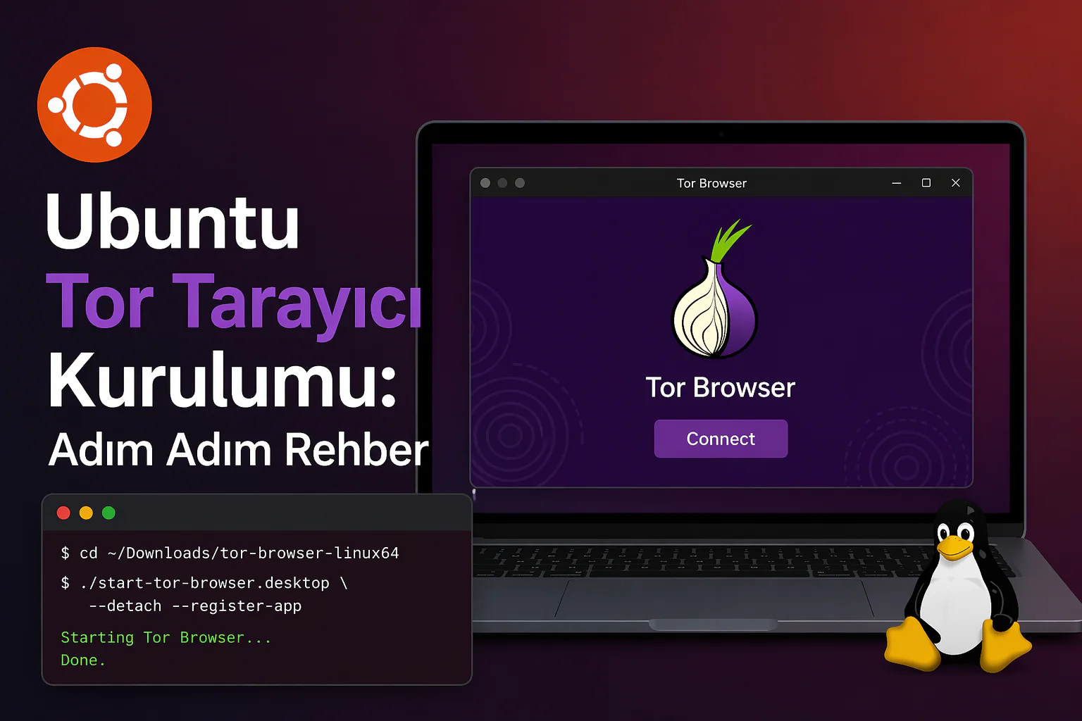 ubuntu tor tarayıcı kurulumu için Ubuntu masaüstünde terminal ve tarayıcı arayüzü görünümü