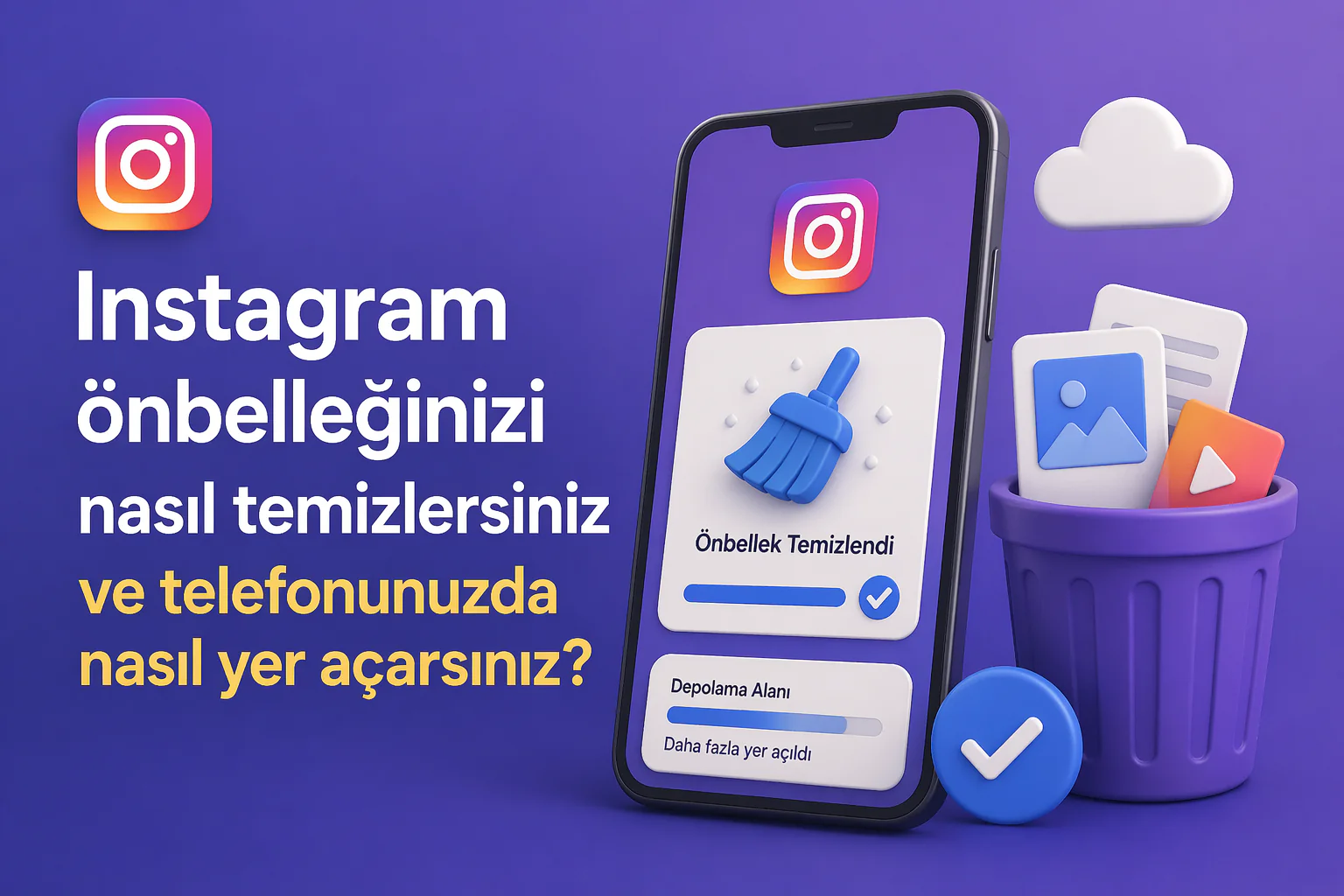 Instagram önbelleğinizi nasıl temizlersiniz ve telefonunuzda nasıl yer açarsınız gösteren ayarlar ekranı ve temizleme adımları