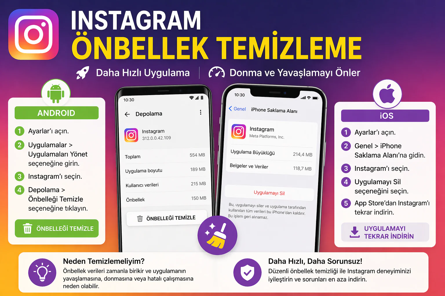 Instagram Önbellek Temizleme adımlarını gösteren ayarlar ve depolama ekranı görünümü