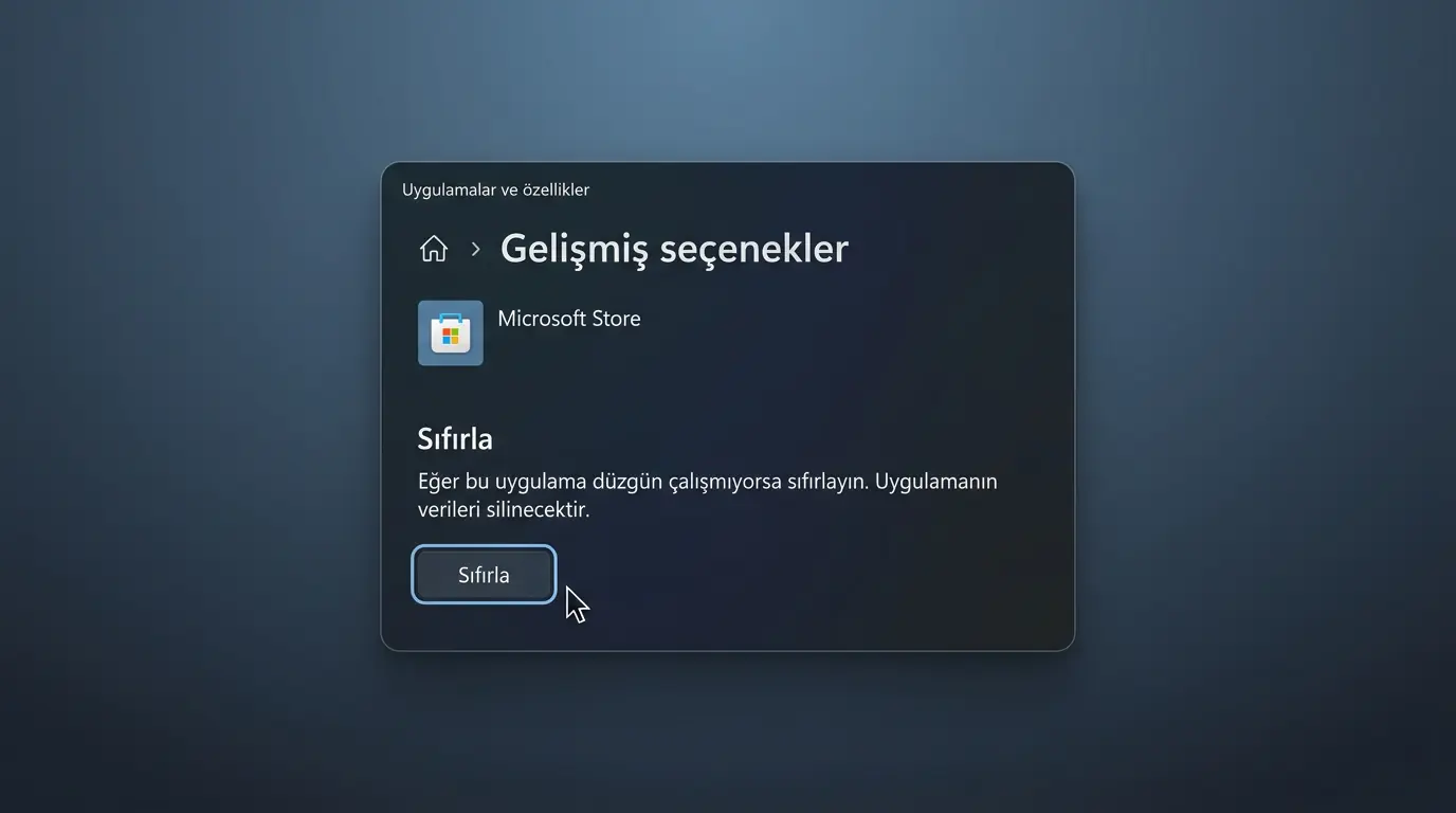 Microsoft Store sıfırlama işlemi için Uygulamalar ve Özellikler menüsünde Gelişmiş Özellikler ekranının gösterildiği görüntü