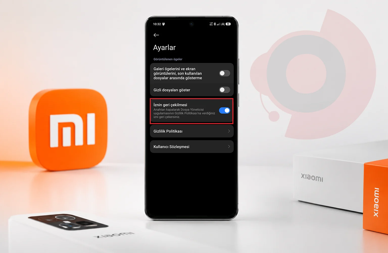 Xiaomi Dosya Yöneticisi uygulamasındaki ayarlar menüsünde onayı geri çekme ve önerileri kapatma adımlarını gösteren ekran görüntüsü ile Xiaomi reklamları kapama işlemi.