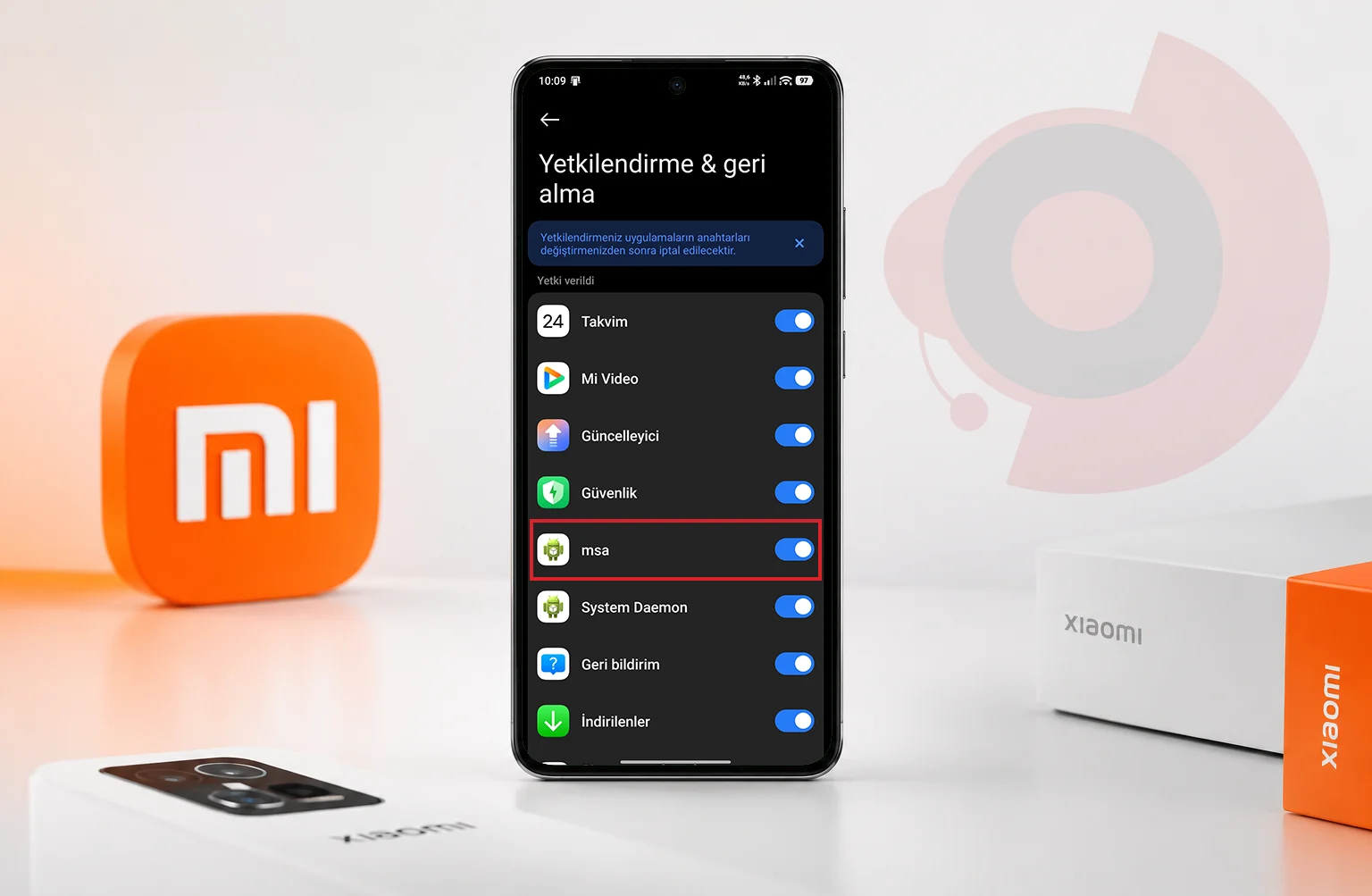 Yetkilendirme ve iptal menüsü altındaki MSA seçeneğini pasif hale getirerek sistem genelinde Xiaomi reklamları kapama işleminin yapıldığı ekran.