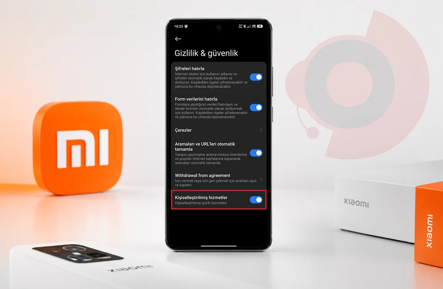 Mi Tarayıcı gizlilik ve güvenlik menüsünde kişiselleştirilmiş hizmetleri kapatarak Xiaomi reklamları kapama yöntemini gösteren telefon ekranı görüntüsü.