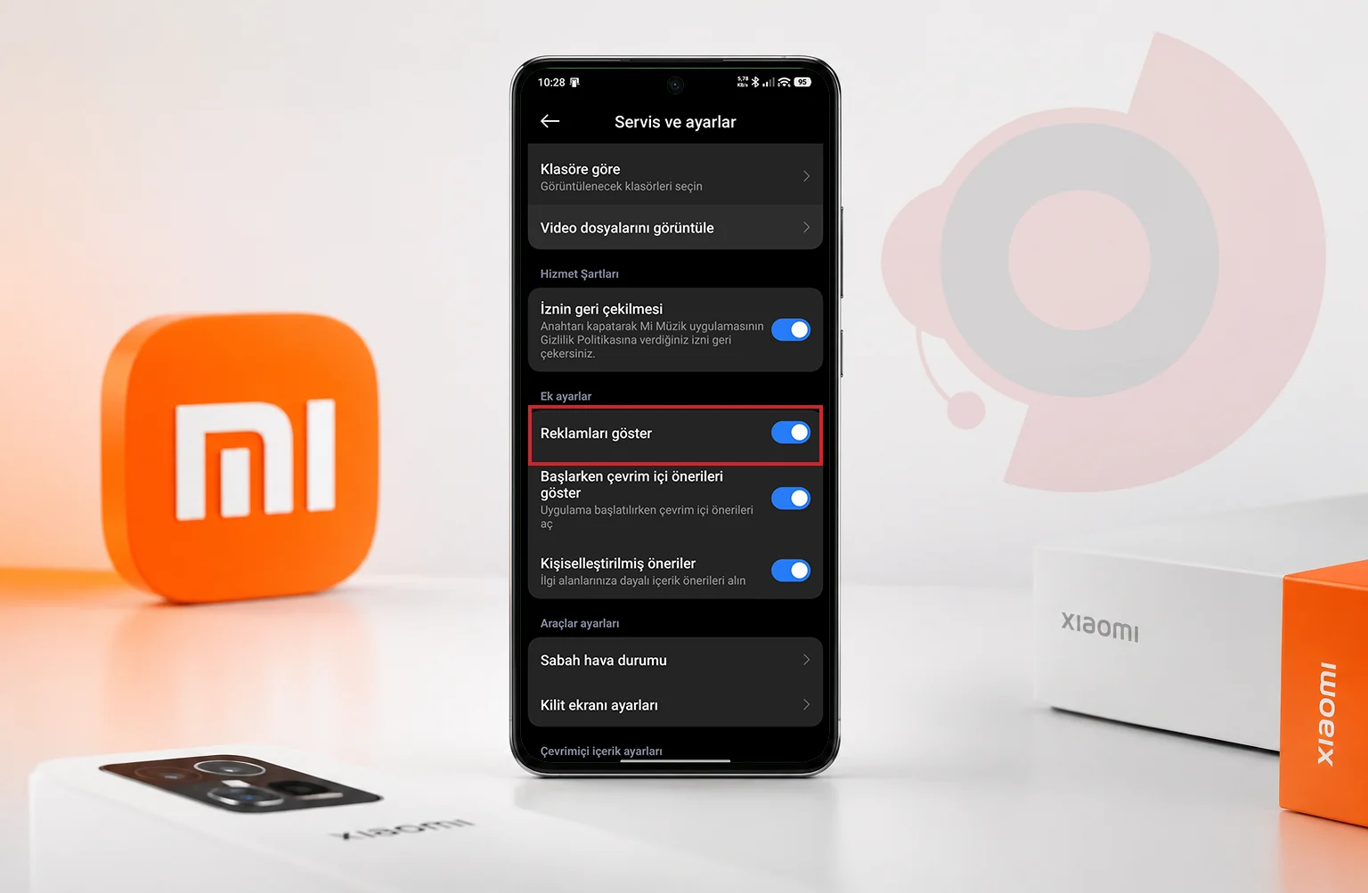 Xiaomi Müzik uygulamasının gelişmiş ayarlar ekranında yer alan reklamları göster seçeneğinin devre dışı bırakılmasıyla Xiaomi reklamları kapama adımı.