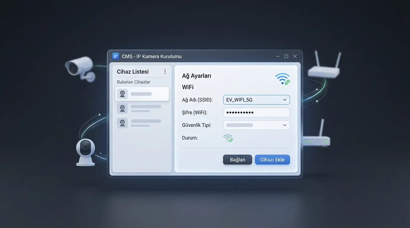 IP kamera kurulumu sırasında CMS yazılımı arayüzünde cihaz ekleme ve ağ yapılandırma ekranının gösterildiği görüntü