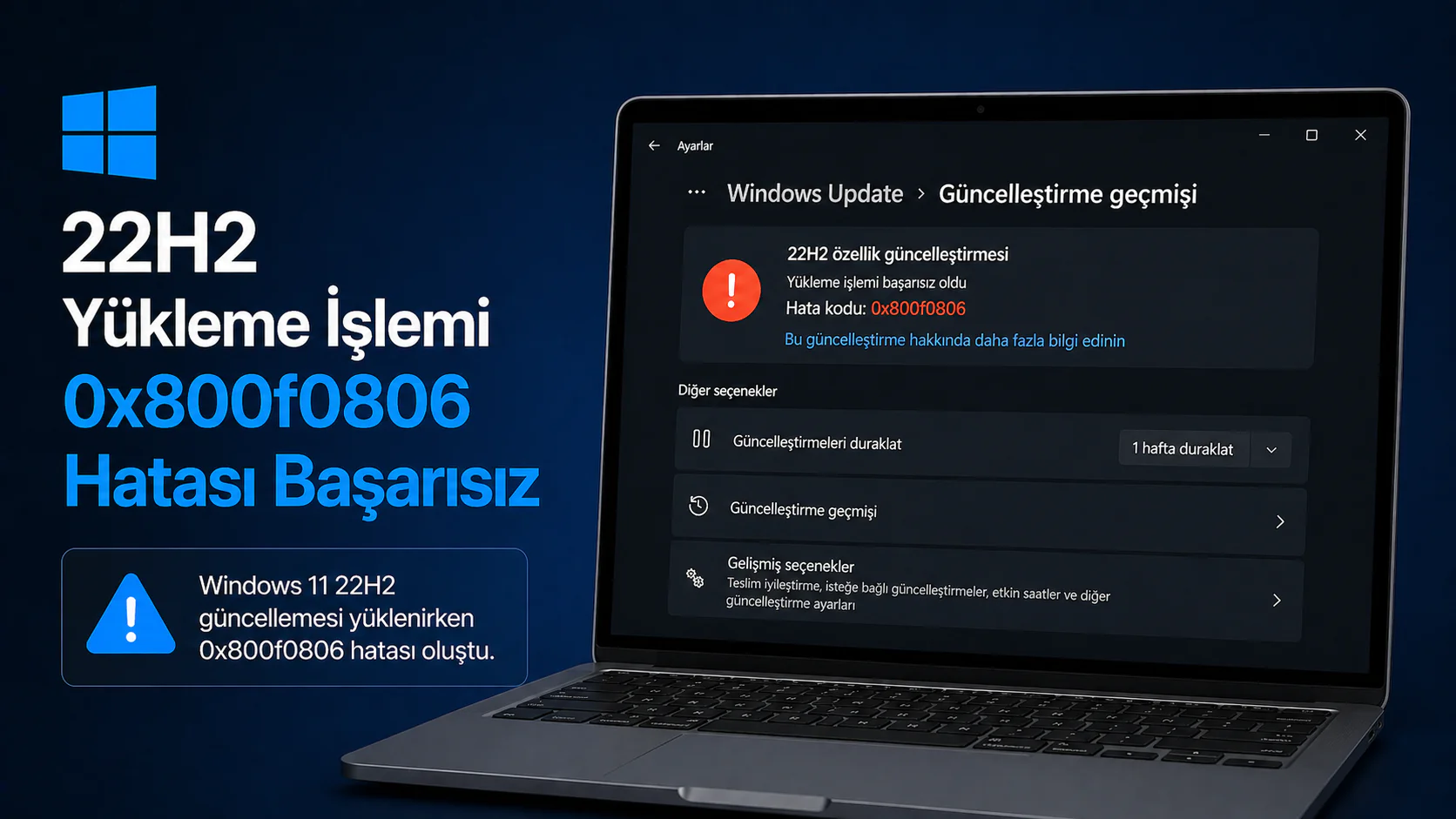 Windows 11 22H2 güncellemesinde 0x800f0806 hata kodu ekranı