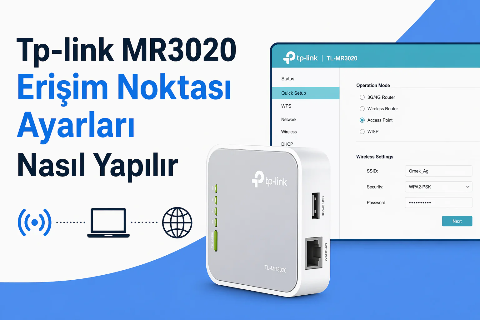 Tp-link MR3020 erişim noktası ayarları arayüzünde kablosuz ağ seçimi ve yapılandırma ekranı