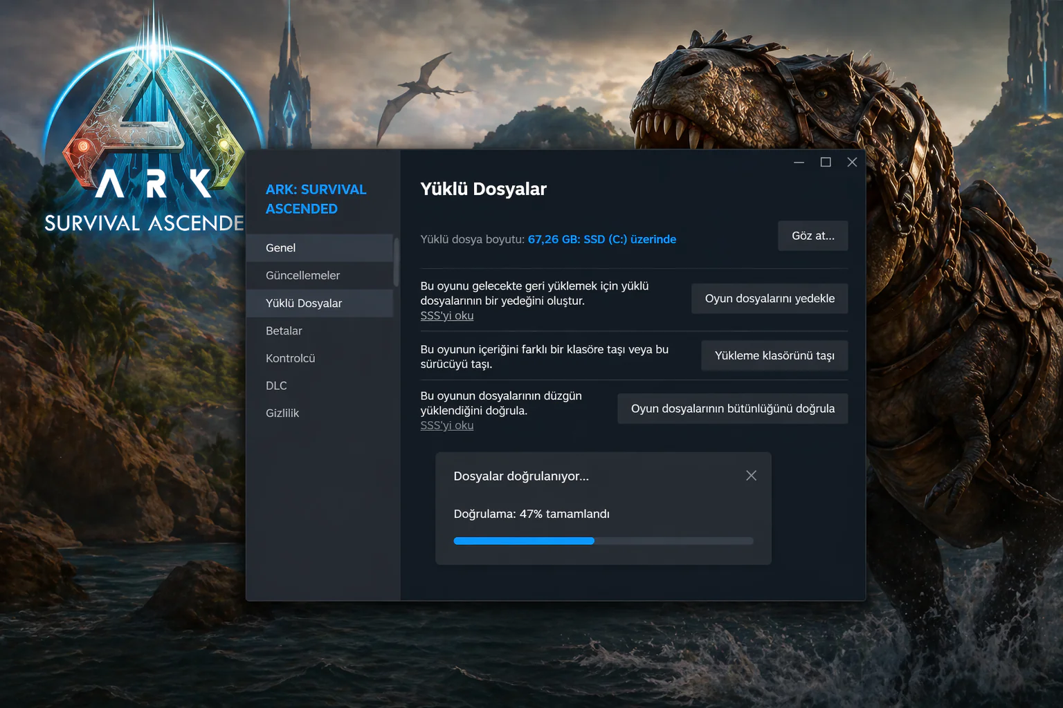 Ark Survival Ascending sunucusu görünmüyor sorunu için Steam oyun dosyası doğrulama ekranının görüntüsü