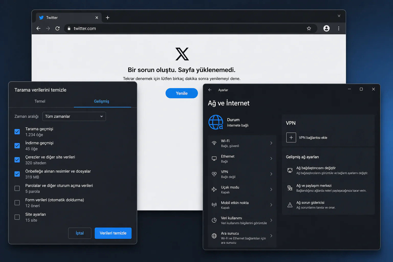 Twitter sayfaları yüklenmiyor sorunu için tarayıcı önbellek temizleme ve bağlantı ayarları ekranının görüntüsü
