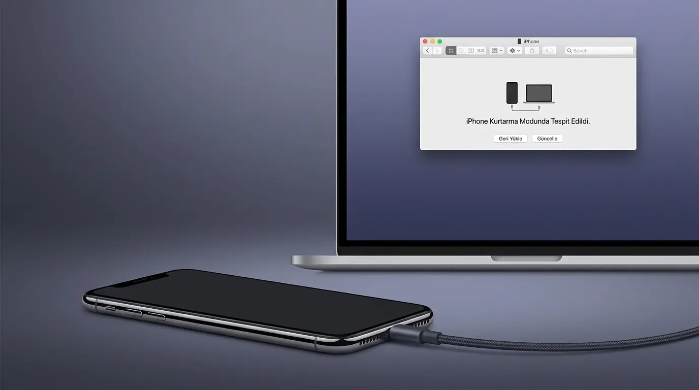 iPhone X DFU moda geçiş yapma sırasında tuş kombinasyonlarının uygulandığı ve iTunes kurtarma ekranının gösterildiği görüntü