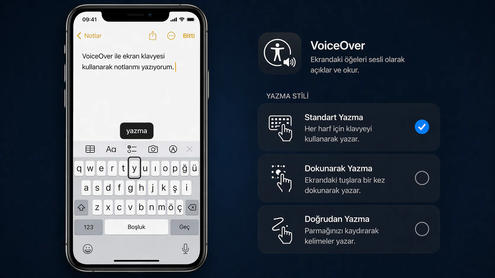 iPhone’da VoiceOver ile ekran klavyesi kullanma ve yazma stili ayarları