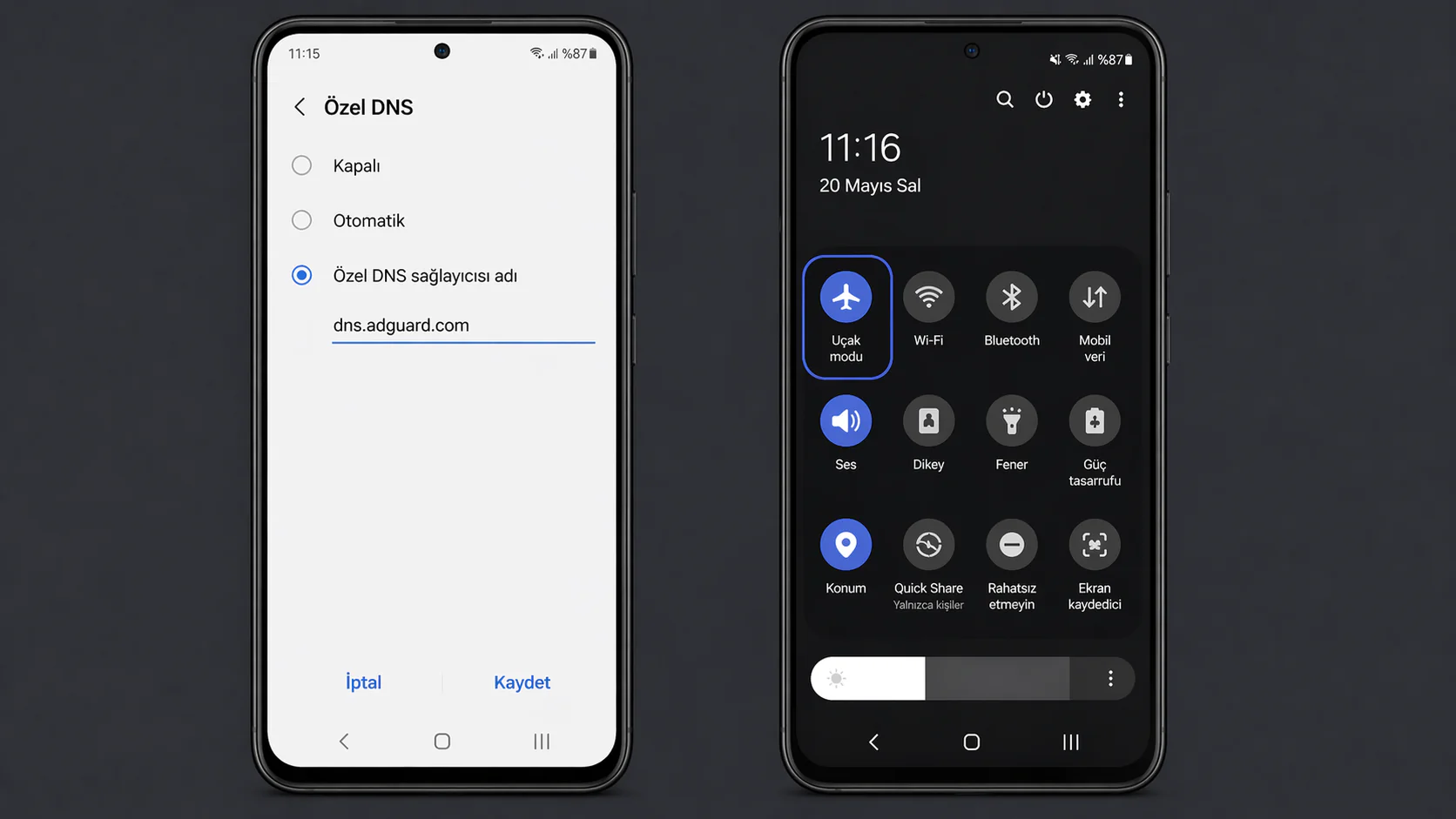 Oyun oynarken Android'de reklamları engelleme için DNS ayarları ve uçak modu seçeneklerinin ekran görüntüsü