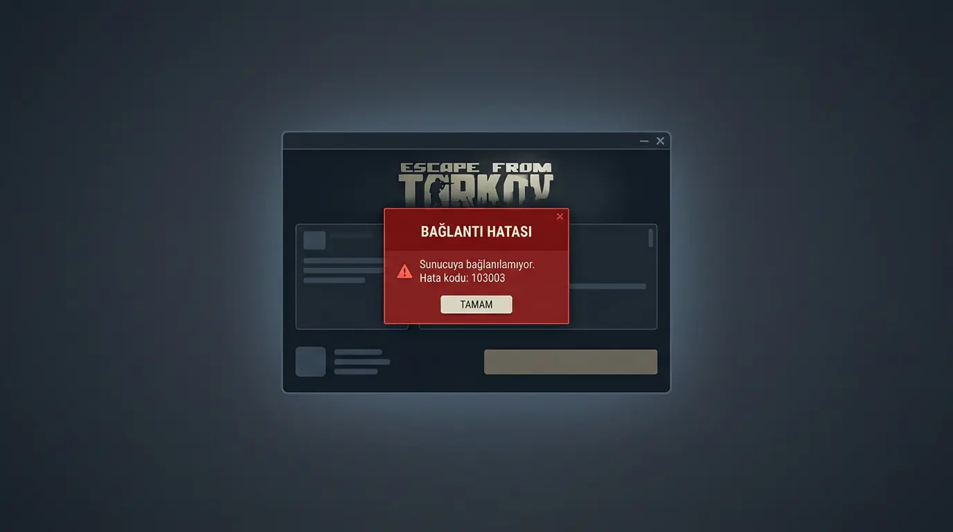 Hata 103003 kodunu gösteren Tarkov oyun başlatıcı ekranı ve bağlantı hatası uyarı mesajı görüntüsü