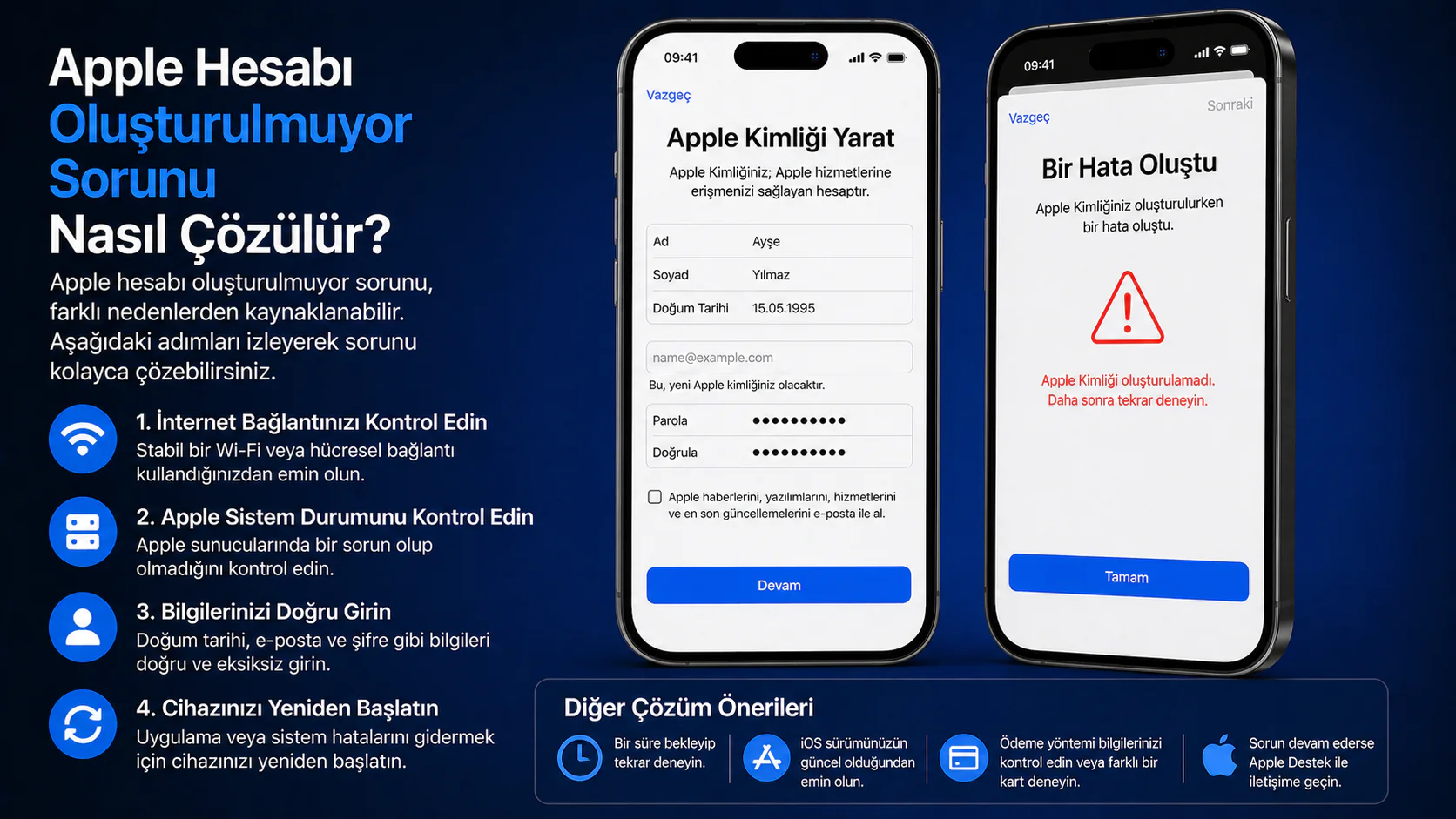 Apple hesabı oluşturulmuyor sorunu için iPhone ekranında hata ve hesap oluşturma adımı