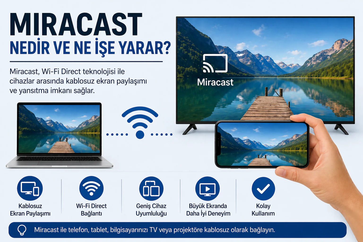Miracast Nedir sorusunu anlatan kablosuz ekran yansıtma ve cihaz bağlantı görseli