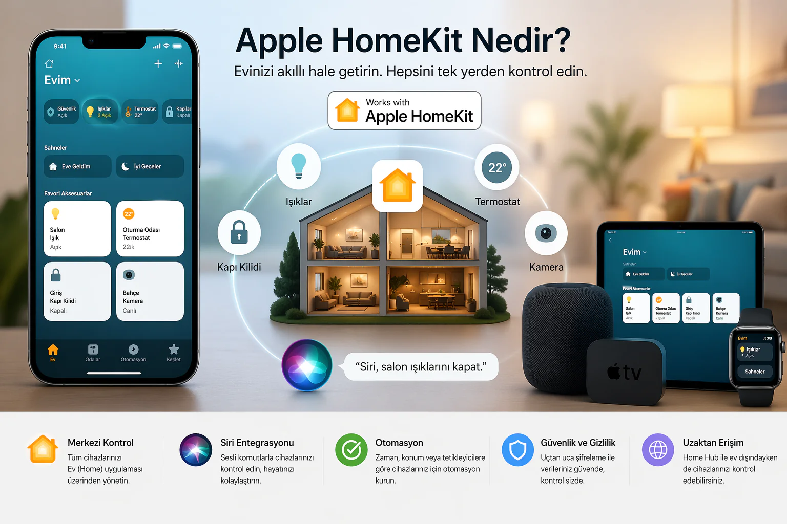 Apple HomeKit ile akıllı ev cihazlarının tek uygulamadan kontrol edildiği arayüz görünümü