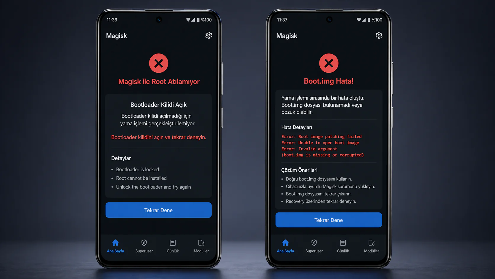 Magisk ile root atılmıyor sorunu için bootloader kilidi ve boot.img hata ekranlarının telefon görüntüsü