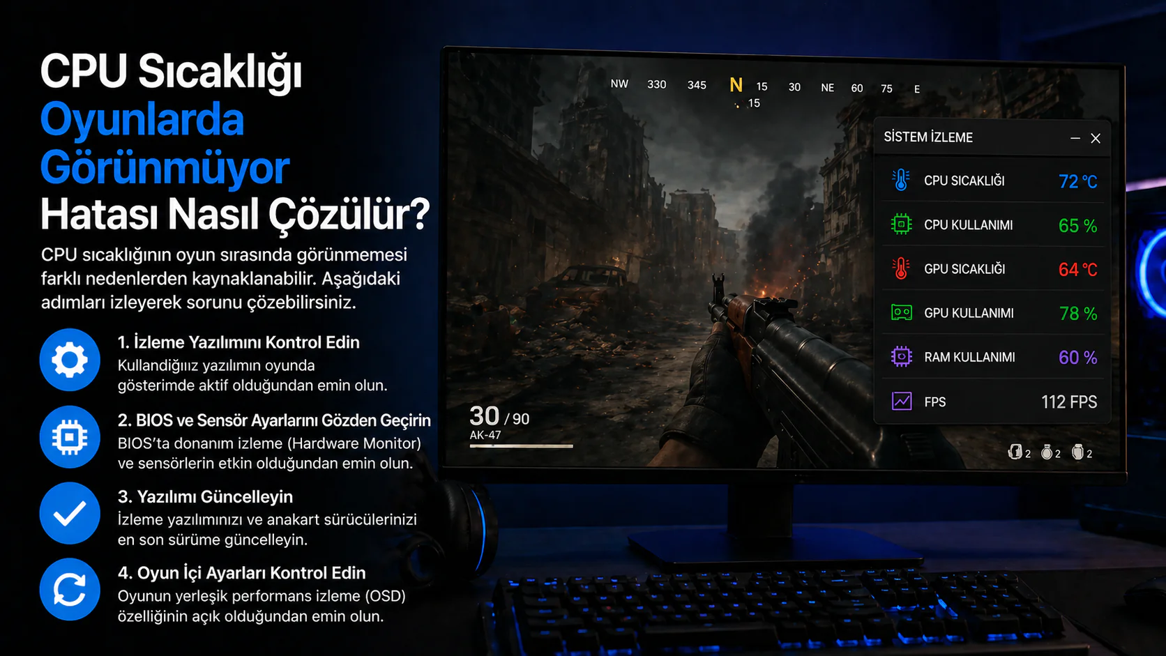 CPU sıcaklığı oyunlarda görünmüyor sorunu için izleme yazılımı ekranı