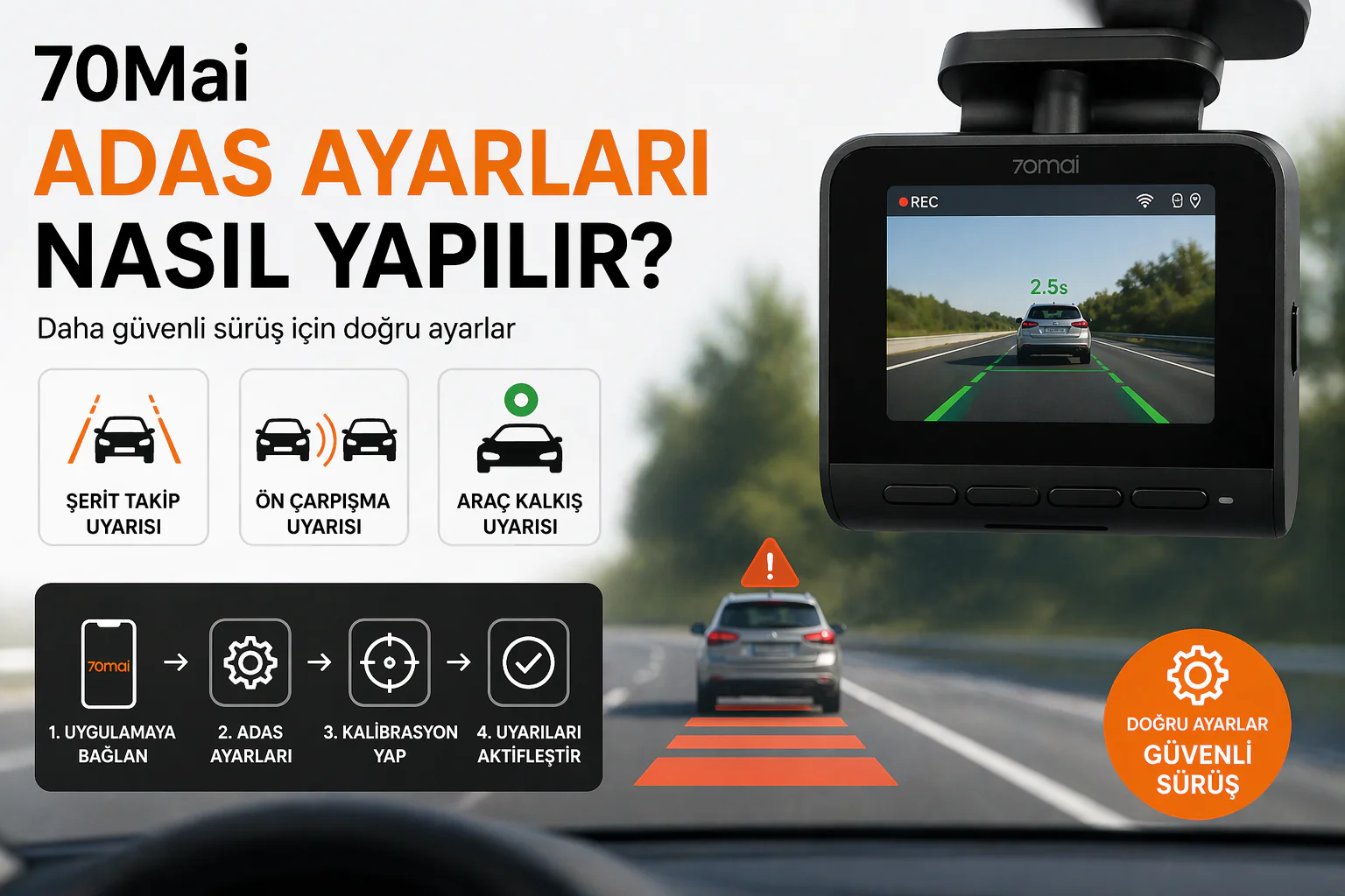 70Mai ADAS Ayarları Nasıl Yapılır araç kamerası kalibrasyon ekranı ve şerit hizalama görünümü