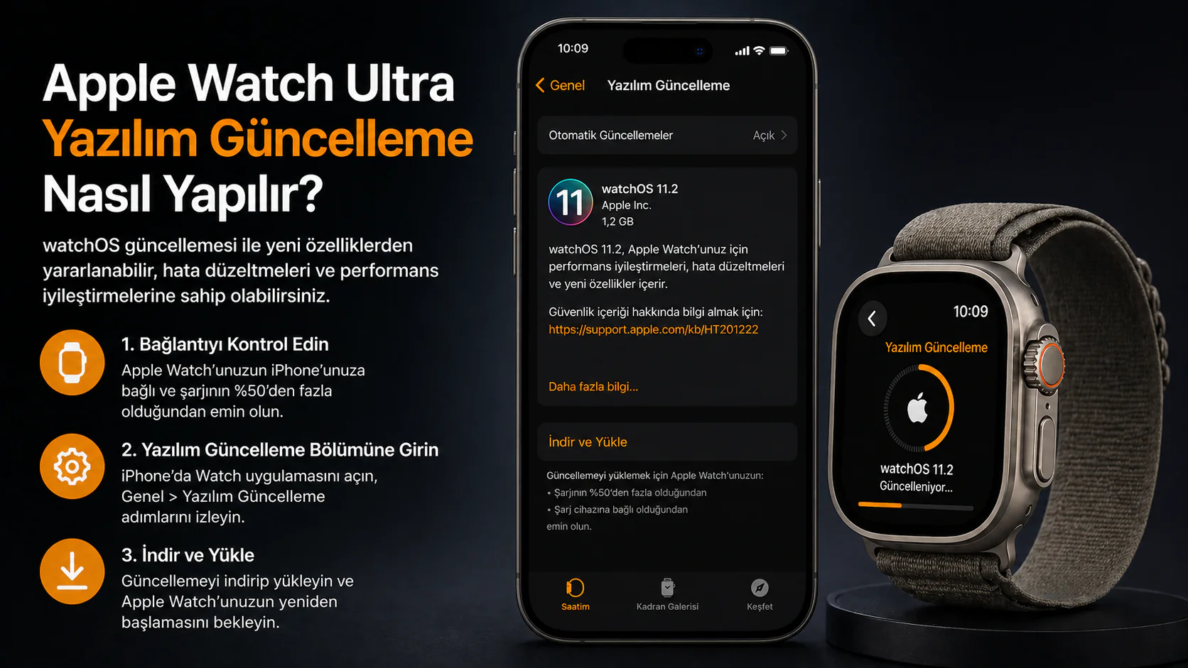 Apple Watch Ultra yazılım güncelleme ekranı ve watchOS ayar menüsü