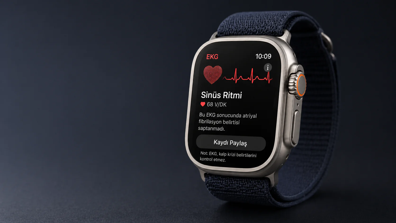 Apple Watch Ultra üzerinde EKG uygulaması ile kalp ritmi ölçümü yapma ekranı