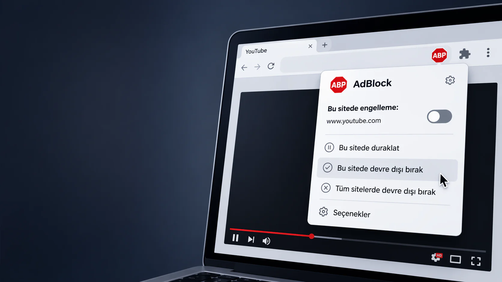 YouTube AdBlock Önleme Devredışı Bırakma adımlarını gösteren tarayıcı ayar ekranı örneği