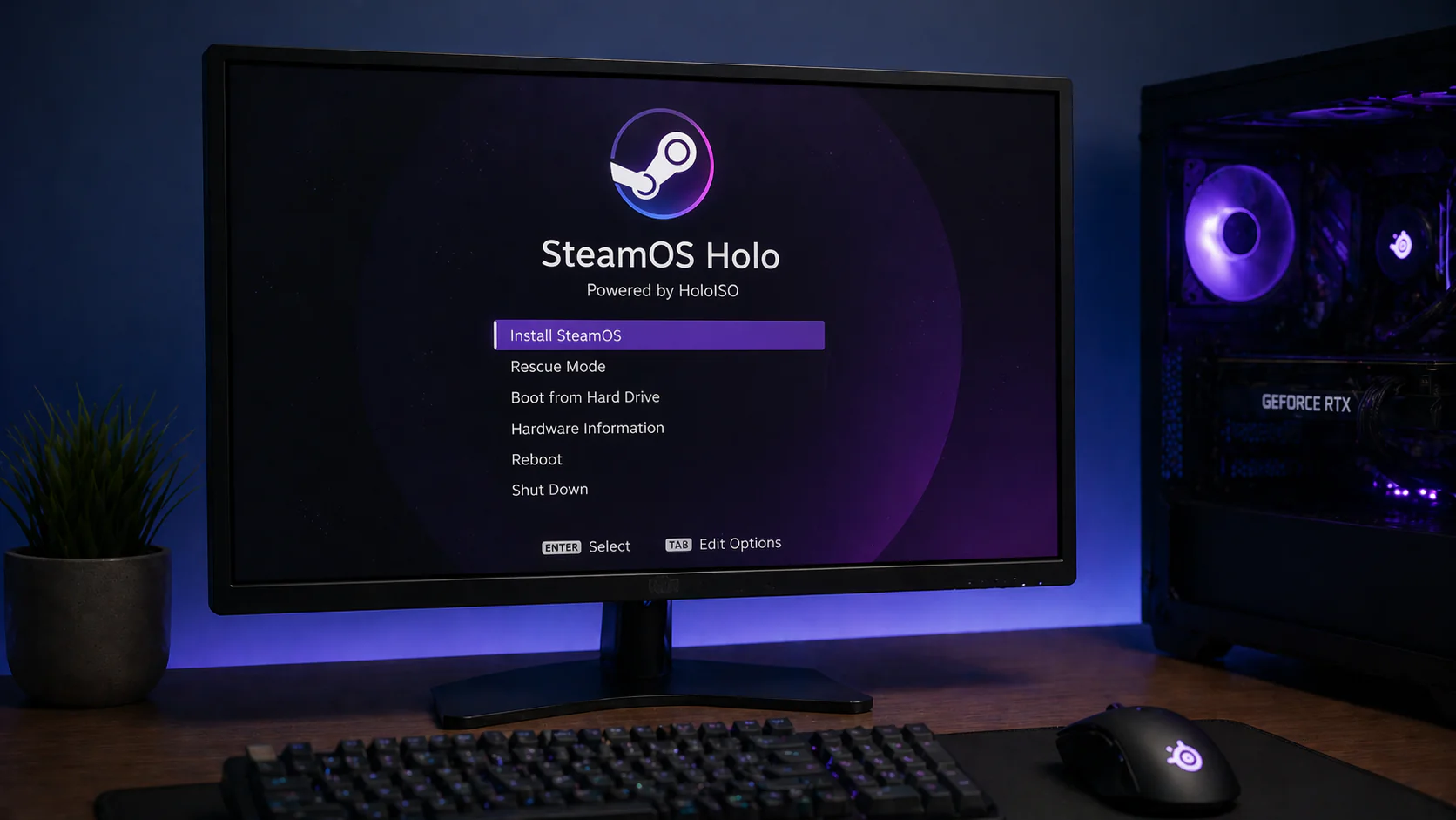 SteamOS nasıl kurulur sorusu için HoloISO kurulum ekranının PC monitöründe görüntülenmesi