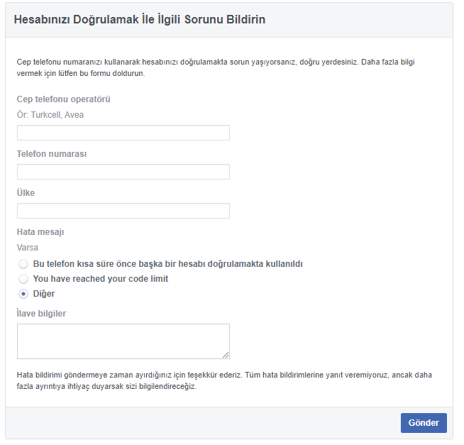 Facebook Doğrulama kodu (SMS) Gelmiyor
