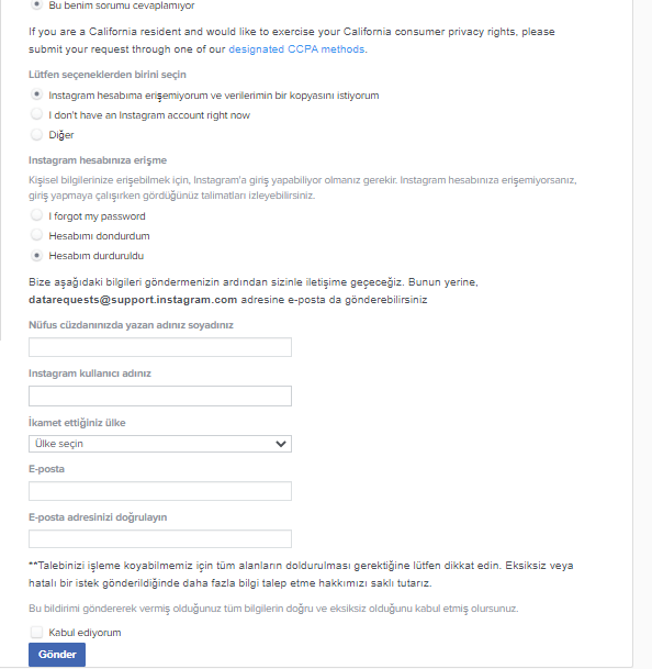 Kapatılan Instagramın Bilgileri