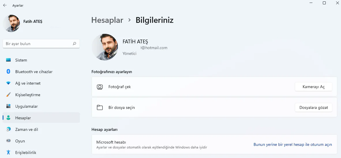 Windows 11'de Microsoft hesabından yerel hesaba nasıl geçilir