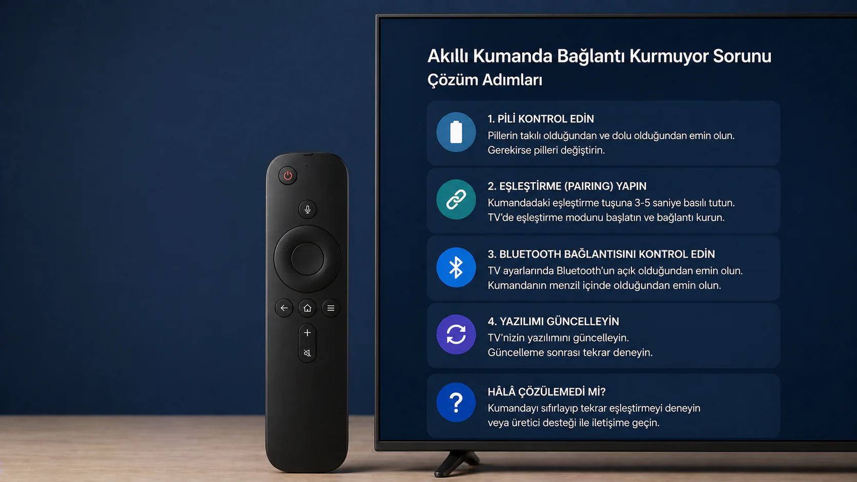 Akıllı kumanda bağlantı kurmuyor sorunu için eşleştirme ve pil kontrolü
