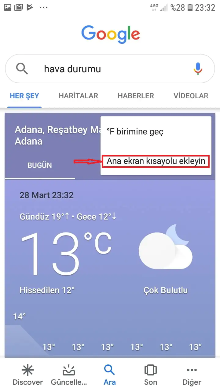 Gizli Hava Durumu Uygulamasını Ana Ekrana Ekleme
