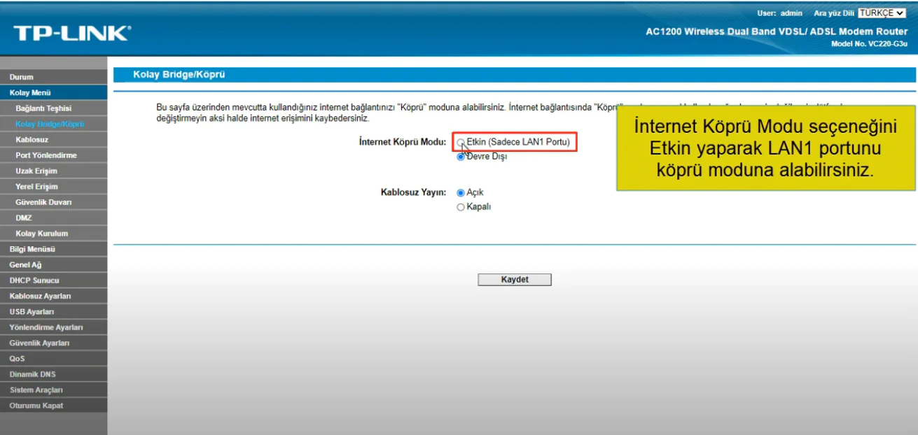TP-Link AC1200 VC220-G3u Modem Köprü Moda Alma 