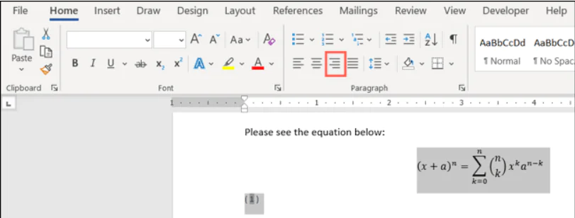 Word'de Denklemleri Numaralandırma