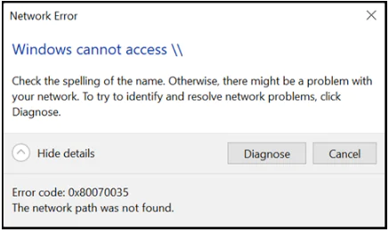 Hata kodu 0x80070035 düzeltme